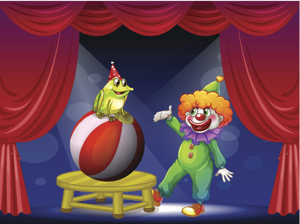 小丑和青蛙在舞台上表演图片下载