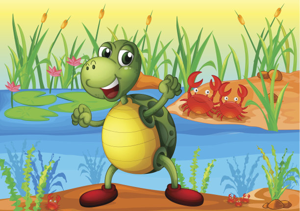 池塘里的乌龟，后面是两只螃蟹图片下载