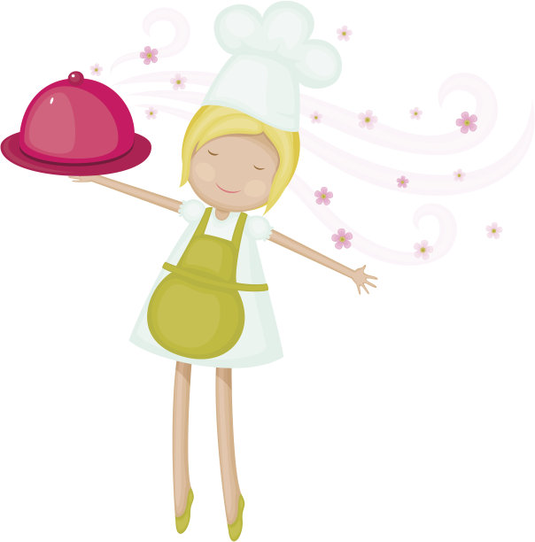 快乐的厨师女孩与新鲜芳香的菜肴图片下载