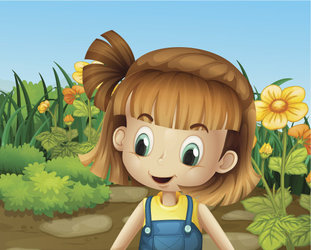 可爱的小女孩在花园里盛开着鲜花图片下载