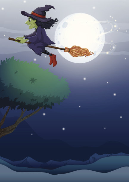 女巫骑着扫帚沿着满月图片下载