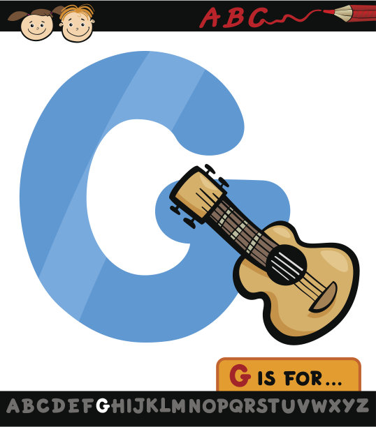 字母g与吉他卡通插图图片下载