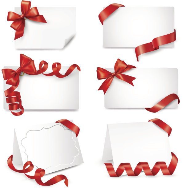 一套漂亮的卡片，上面有红色的礼品蝴蝶结和丝带图片下载