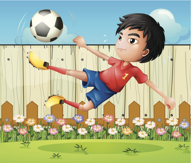 小男孩在围栏里踢足球图片下载