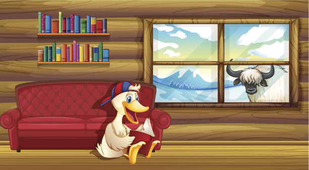 鸭子在沙发旁边看书图片下载