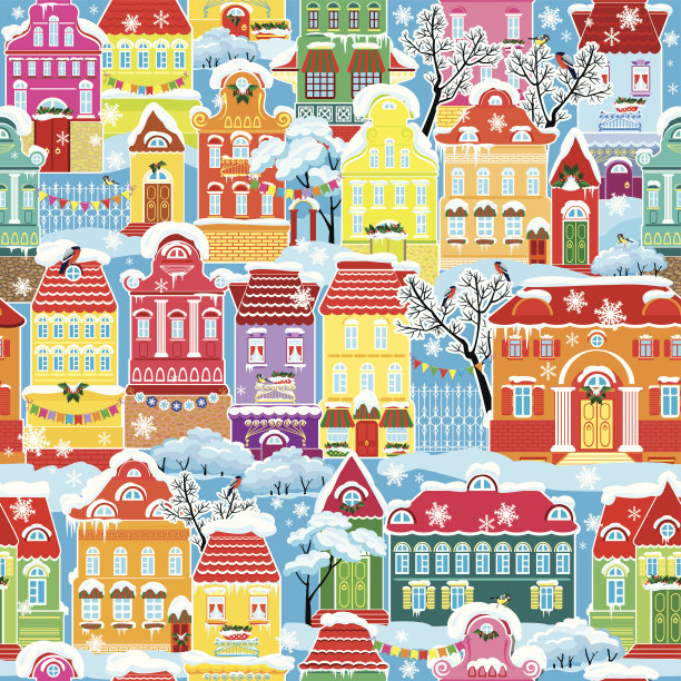 无缝图案与装饰色彩的房子在冬天的时候。图片下载