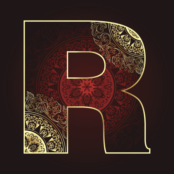 复古字母与花卉漩涡，字母R图片下载