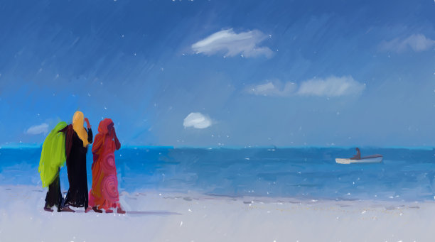 画着在海滩上行走的女人，蓝的，红的，黄的图片下载