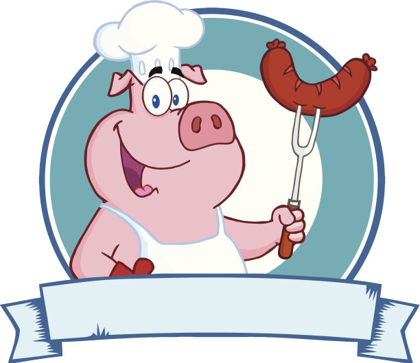 猪肉厨师在空白横幅上用叉子举着香肠图片下载