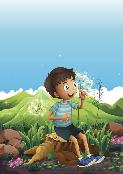 男孩坐在树桩上思考图片下载