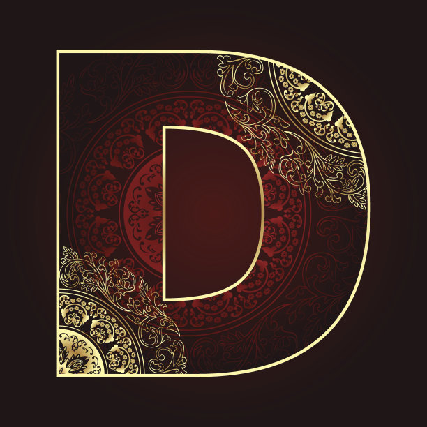 带有花卉漩涡的复古字母表，字母D图片下载