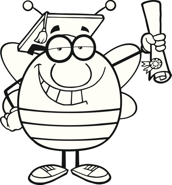 黑白蜜蜂吉祥物毕业生举着一张文凭图片下载