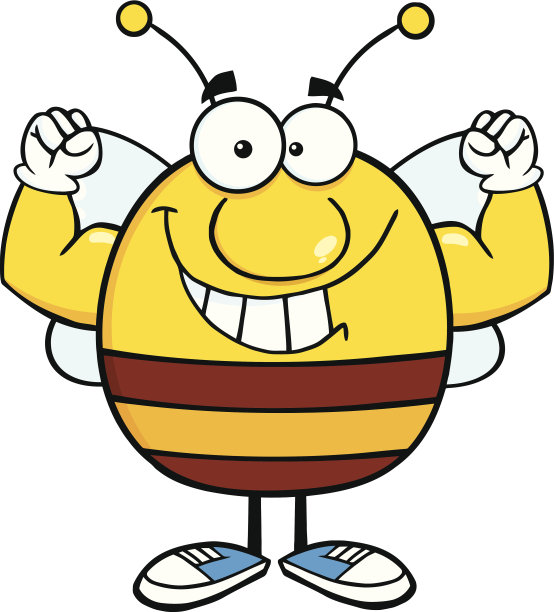 微笑矮胖的蜜蜂卡通吉祥物人物显示肌肉手臂图片下载