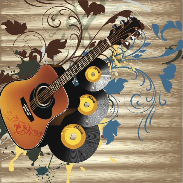 Grunge音乐矢量背景与吉他和音符图片下载