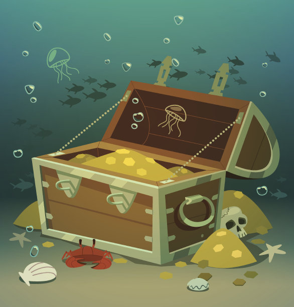 宝藏箱在海底。矢量插图。图片下载