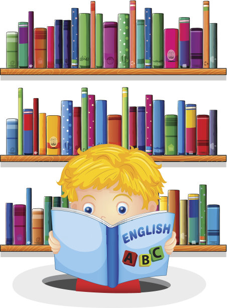 男孩在图书馆里读英语书图片下载