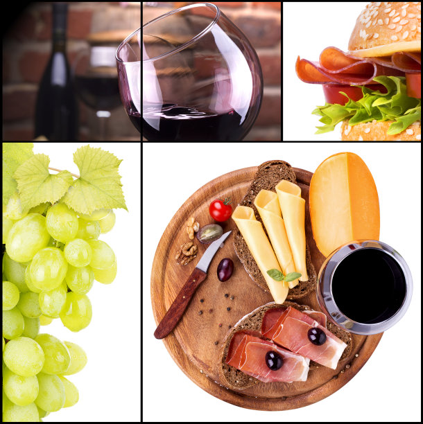美味的拼贴与葡萄酒和食物图片下载