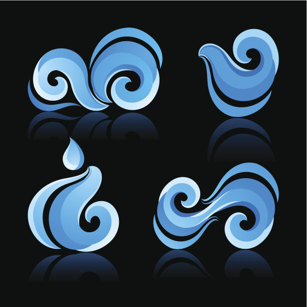 波浪和水图标与黑色的背景反射图片下载