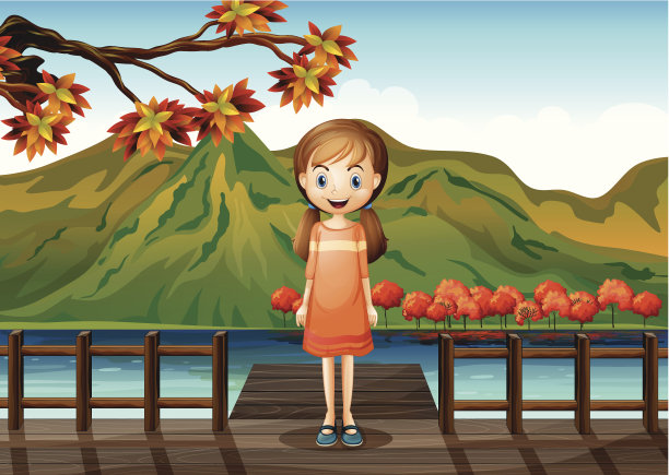 小女孩站在木桥中间图片下载