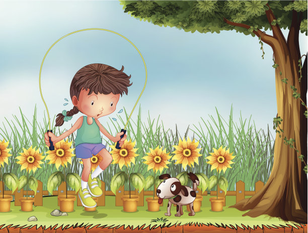 女孩和狗玩跳绳图片下载