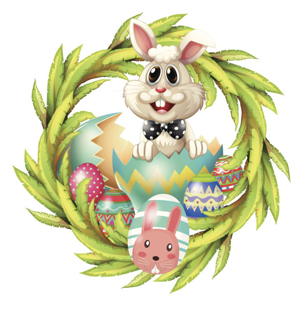复活节设计用兔子，鸡蛋和多叶植物图片下载