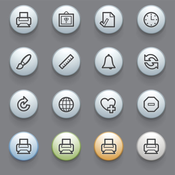 轮廓图标与灰色背景上的颜色按钮。图片下载