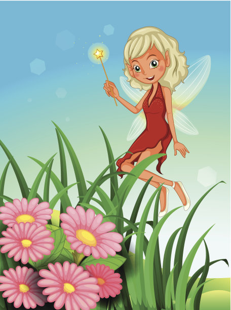 仙女手里拿着一根魔杖，旁边是带花的花园图片下载