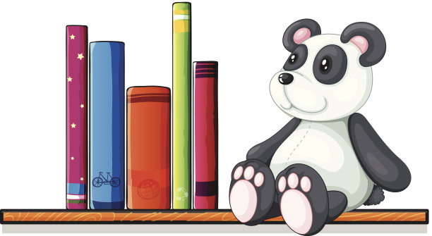 书架上有书和一个玩具熊猫图片下载