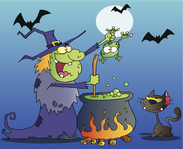女巫与猫抱着青蛙和准备一剂药水图片下载