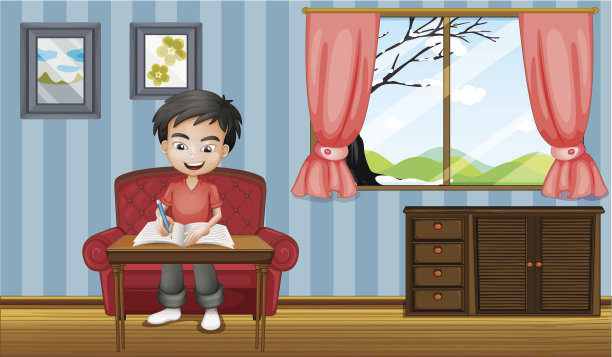 男孩在房子里写作图片下载