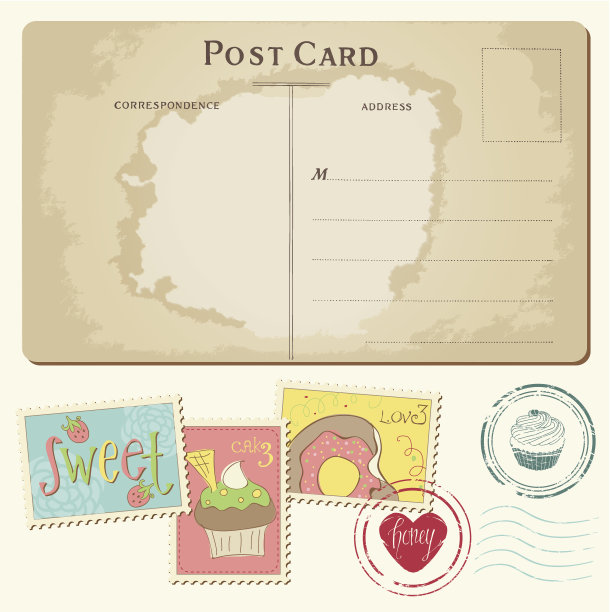旧明信片上的一套纸杯蛋糕图片下载