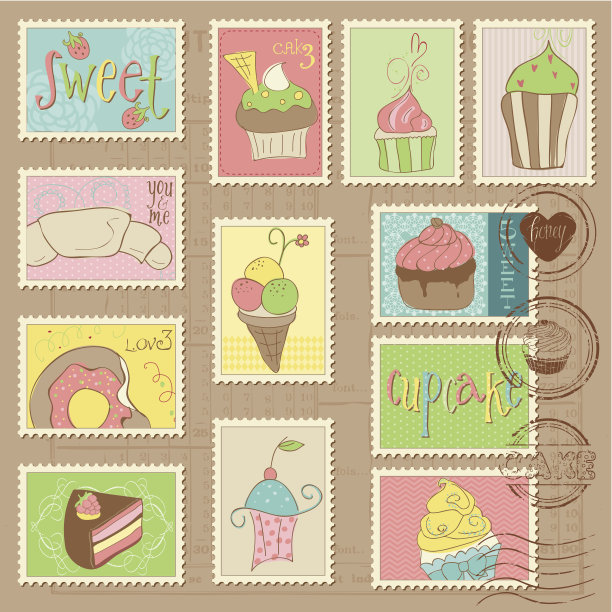 甜蛋糕和甜点邮票图片下载