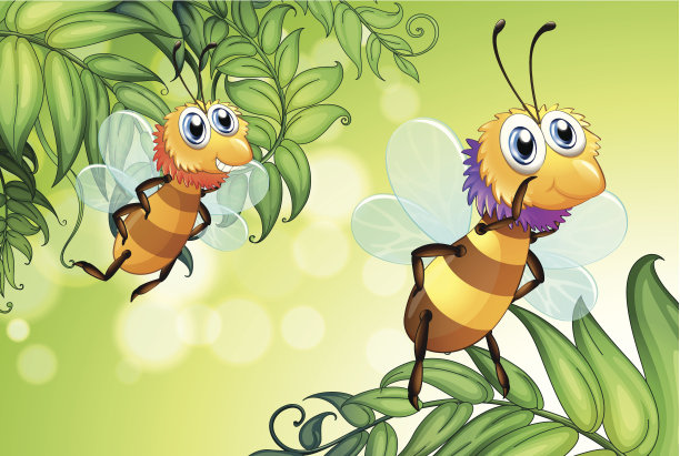 两只蜜蜂飞着许多叶子图片下载