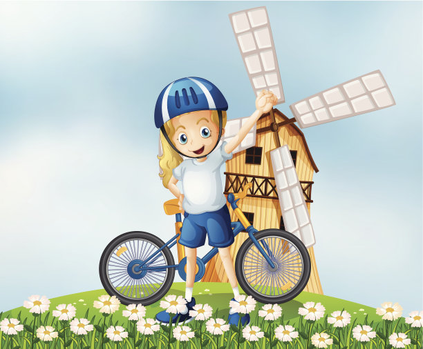 一个骑自行车的女人站在山顶上，手里拿着一个风车图片下载