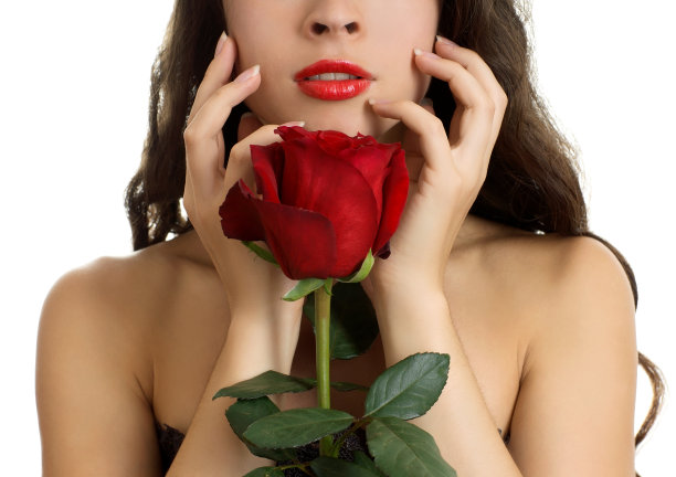 年轻漂亮的女人，带着红玫瑰图片下载