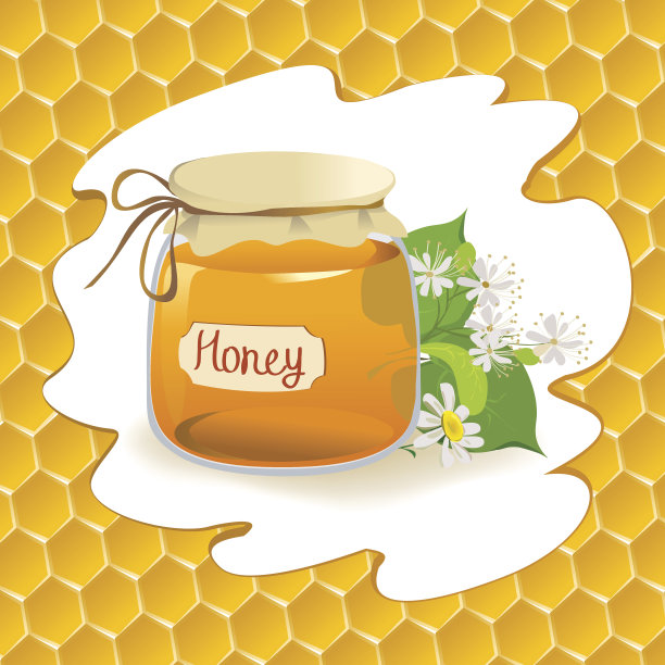 蜂窝背景上的蜂蜜的辅容器图片下载