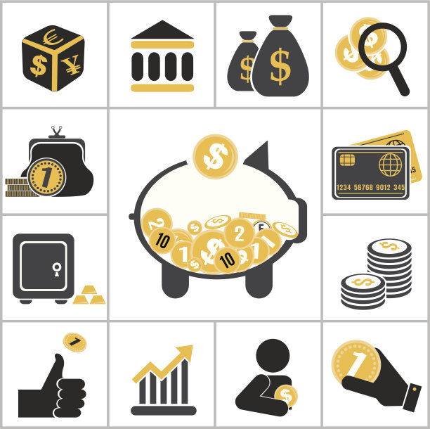 各种黑色和黄色的货币图标孤立在白色上图片下载
