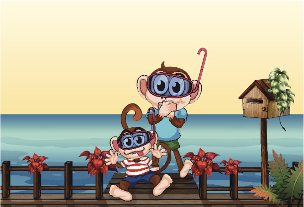 小猴子和大猴子在桥边图片下载