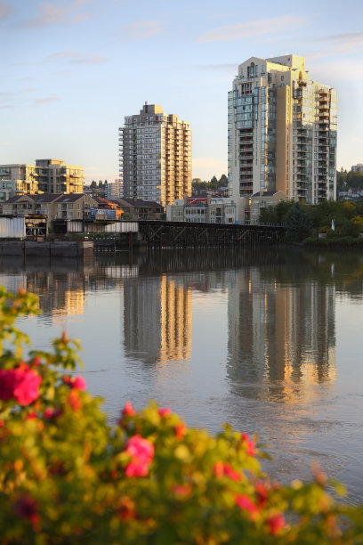 弗雷泽河，新威斯敏斯特天际线，BC垂直图片下载