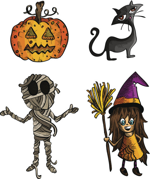 万圣节怪物孤立素描风格的生物设置。图片下载