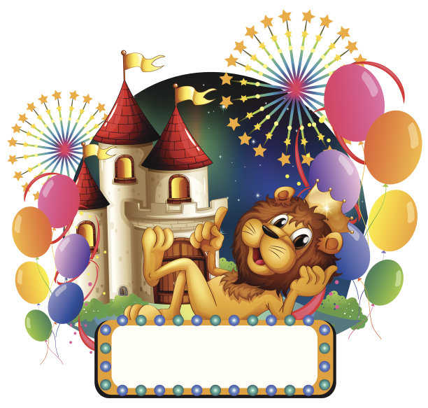 狮子王拿着气球躺在城堡前图片下载