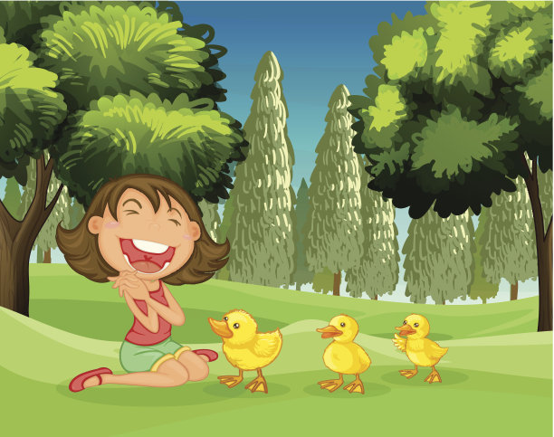 快乐的女孩和三只小鸭素材图片