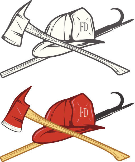 复古消防头盔与交叉斧头和长矛杆图片下载
