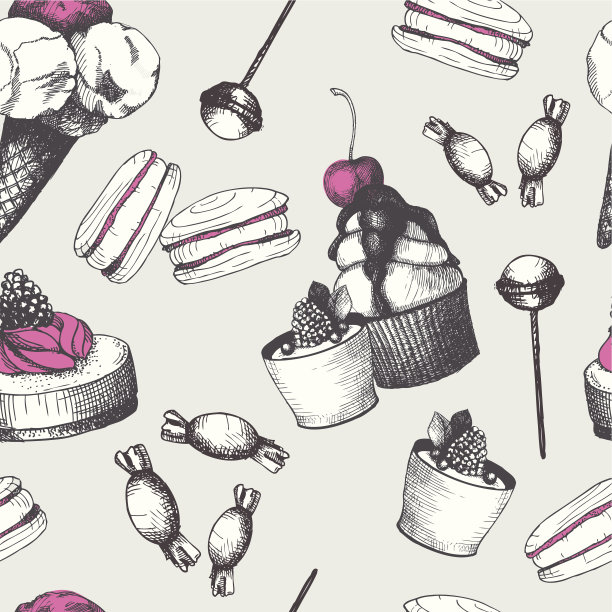 复古甜蛋糕和糖果背景。无缝的图片下载