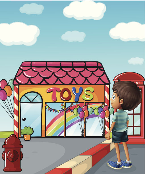 男孩站在玩具店附近图片下载