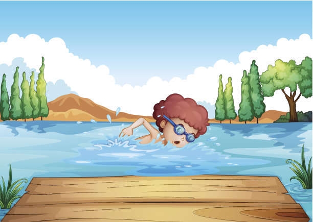 男孩在跳水板附近游泳图片下载