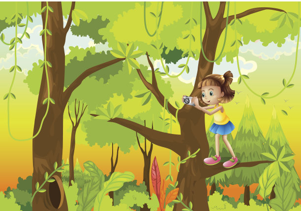 女孩拿着相机站在树枝上图片下载