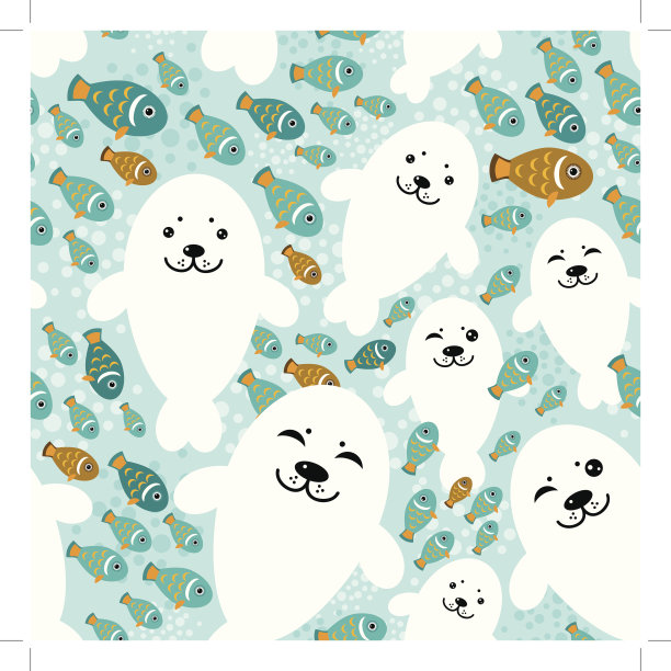 无缝图案与鱼白色海豹动物蓝色背景。向量图片下载