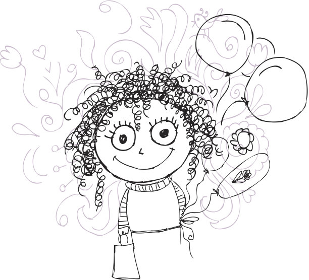 卷毛女孩用气球为你的设计素描图片下载
