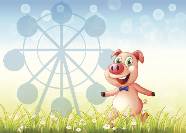 在山上的摩天轮旁的小猪图片下载